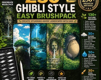 230+ Ghibli Style Procreate Brush Pack | Anime Nature, Cloud, Water Brushes (Digital Download)