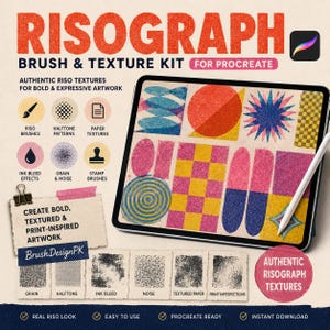 May include: A digital brush and texture kit for Procreate titled RISOGRAPH BRUSH & TEXTURE KIT. The image displays a tablet screen showing colourful geometric shapes with grainy textures, alongside icons for brushes, patterns, and paper textures.