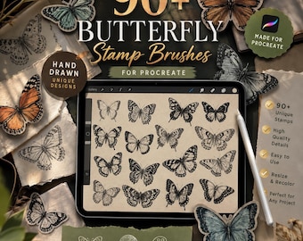 100 Hand-Drawn Butterfly Procreate Stamp Brushes, Nature Illustration Art (Digital Download)