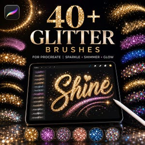 May include: A digital set of 40+ glitter brushes for Procreate, featuring gold, purple, blue, and multi-colored sparkle effects. The display shows a tablet screen with the word Shine written in gold glitter, surrounded by various brush stroke samples.