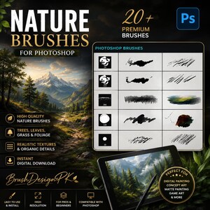 Op de afbeelding: Een digitaal productaanbod voor 20+ premium natuurpenselen voor Photoshop. De afbeelding toont een berglandschap, een raster met penseelstreekvoorbeelden en een tabletscherm met een bosscène, inclusief de tekst Nature Brushes.