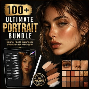 以下が含まれることがあります： 「100+ Ultimate Portrait Bundle」と題されたデジタルアートリソースセット。人物のポートレート、ブラシ設定が表示されたタブレット画面、スタイラスペン、およびProcreate用の様々な肌色のスウォッチカラーパレットが含まれています。