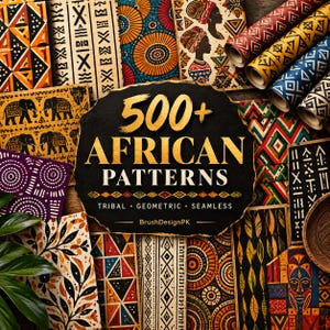 Puede incluir: Una colección de papeles estampados con diversos diseños que incluyen elefantes, formas geométricas y motivos circulares en colores vibrantes. Un letrero negro central muestra el texto dorado 500+ AFRICAN PATTERNS TRIBAL GEOMETRIC SEAMLESS BrushDesignPK.