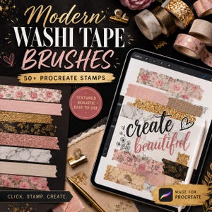 May include: A digital tablet displaying Procreate software with various washi tape brush strokes in floral, marble, and glitter patterns. The screen shows the text create beautiful alongside a stylus. Physical washi tape rolls and gold clips are visible.