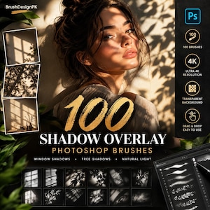 May include: A digital collection of 100 shadow overlay Photoshop brushes featuring window and tree shadow patterns. The set includes 4K resolution files with transparent backgrounds, designed for drag and drop use in photo editing software.