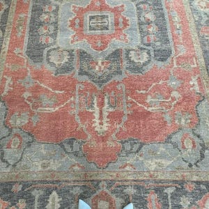 May include: A large area rug featuring a central medallion design with intricate floral and geometric patterns in shades of coral, charcoal gray, and light blue, finished with a wide decorative border in muted tones of olive green and gray.