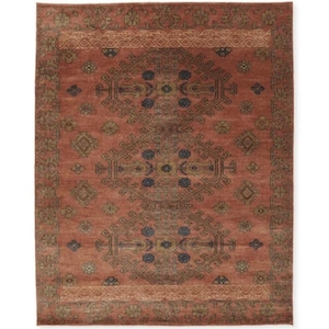 May include: A rectangular area rug featuring a terracotta red background with a repeating pattern of three large central geometric medallions in dark blue and olive green, surrounded by a decorative border with intricate floral and linear motifs.