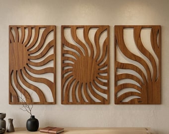 Conjunto de 3 peças de arte abstrata em madeira para parede, painéis geométricos em formato de raio de sol, decoração moderna e minimalista para casa.