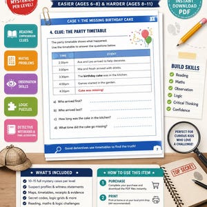 May include: A Detective Academy Mystery Case Files printable PDF activity sheet featuring a party timetable puzzle, detective-themed icons, skill-building checklists, and instructions for purchase, printing, and solving mystery cases for children.
