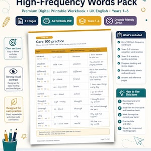 Op de afbeelding: Een digitaal werkboek Dyslexia-Friendly High-Frequency Words Pack met een Core 100-oefenpagina met kolommen voor woorden, lastige patronen, schrijven uit het geheugen en zinnen. 41 pagina's, A4 PDF-formaat, leerjaren 1-6.