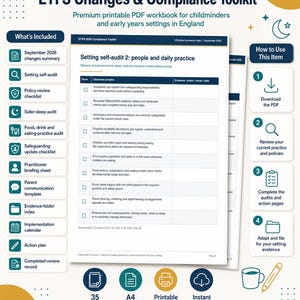 Op de afbeelding: Een printbaar PDF-werkboek voor gastouders in Engeland, getiteld September 2026 EYFS Changes & Compliance Toolkit. Het bevat een zelfauditpagina voor dagelijkse praktijk, veiligheid en slaaproutines voor jonge kinderen.