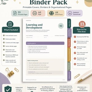 May include: An EYFS Learning Journey Binder Pack featuring 33 printable A4 pages for educational documentation. The document includes sections for Learning and Development, divider tabs, and recording prompts for child progress and assessment.