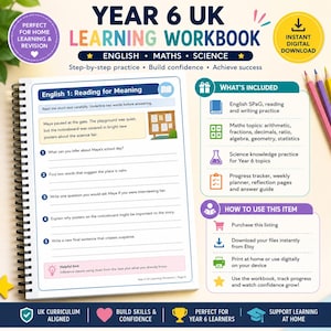 May include: A Year 6 UK learning workbook featuring English, maths, and science sections. The spiral-bound page shows an English reading comprehension exercise about Maya, while side panels detail included topics like arithmetic and science.