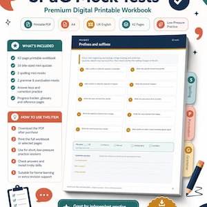 Peut inclure: Un cahier d'exercices numérique imprimable intitulé SPaG Mock Tests pour le niveau KS2. Le document comprend 42 pages avec 16 mini-quiz sur les préfixes, suffixes, l'orthographe, la grammaire et la ponctuation, ainsi que des corrigés.