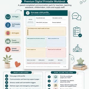 May include: A digital printable workbook titled SEND School Success Passport, featuring a one-page child profile with sections for personal details, support needs, and emergency contacts. The document includes 32 pages in A4 format, designed for parents to communicate with school staff, teachers, and childminders.