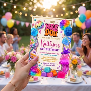 Peut inclure: Une carte d'invitation d'anniversaire rectangulaire ornée de graphismes de jouets sensoriels Nee Doh colorés, incluant des formes souples, une créature gélatineuse et le texte You Nee Doh Join Us To Celebrate Kaitlyn's 6th Birthday.