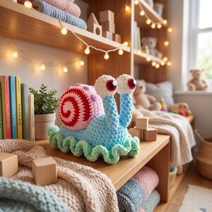 May include: A crocheted snail plush toy featuring a light blue body, a ruffled mint green base, and a spiral shell in shades of pink and red. The snail has two tall stalks topped with white, red, and black eyes, crafted from soft yarn.