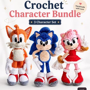 May include: A crochet character bundle featuring three plush figures: an orange and white fox, a blue hedgehog, and a pink hedgehog. The text reads "Zelmavelle", "Crochet Character Bundle", "3 Character Set", and "Handmade with Love".