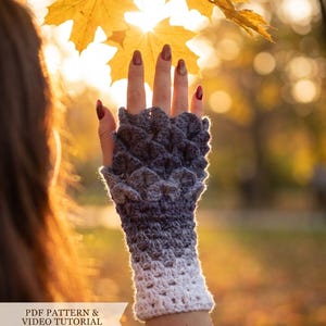 May include: A fingerless crochet glove featuring a textured scale pattern that transitions from dark gray at the fingers to light gray and white at the wrist. A banner at the bottom left displays the text PDF PATTERN & VIDEO TUTORIAL INCLUDED.