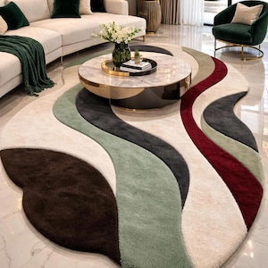 Abstract Wavy Hand Tufted Wool Rug - Irregular Shape Modern Luxury Carpet | Brown Sage Green Burgundy | Custom Size Living Room Rug
