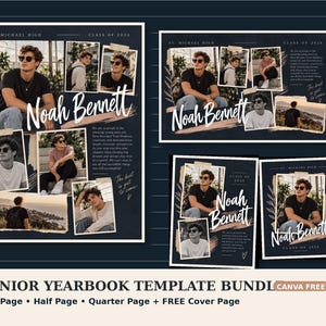May include: A senior yearbook template bundle featuring multiple layouts with dark blue backgrounds, gold leaf accents, and white script text reading Noah Bennett. The designs include photo frames with tape details, text blocks, and the text Class of 2026.