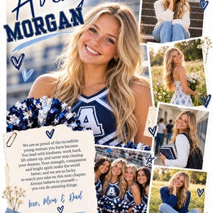 May include: A collage of photos featuring a young person in various settings, including a cheerleader uniform, casual clothing, and school attire. The design includes the text Avery Morgan, a heartfelt note from parents, and decorative blue hearts and tape.