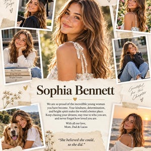 Pode incluir: Um colagem de anúncio de formatura com várias fotos de uma pessoa jovem de cabelos castanhos longos. O texto inclui o nome Sophia Bennett, uma mensagem da família e a citação She believed she could, so she did. Proverbs 31:25.