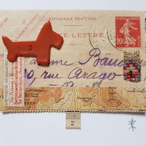 COLLAGE DEL ARTISTA: con decoración de perro de los años 30/40 y apertura de tarjeta para revelar un corazón y texto escrito a mano