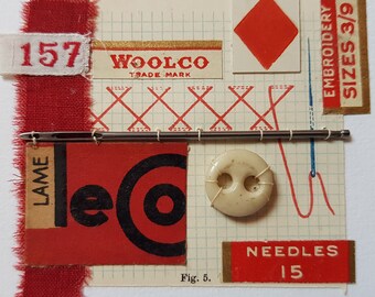 ARTIST'S COLLAGE CARD, with French elements including number 157, art deco lettering and sewing ephemera