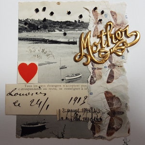 Mini-carte artistique COLLAGE MOTHER ARTISTS. pièce de collection avec cœur rouge et « mère » en métal estampé