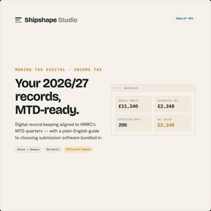 May include: A digital dashboard interface for Shipshape Studio titled Your 2026/27 records, MTD-ready. It displays financial data including Rental Profit £11,240, Estimated Tax £2,248, Effective Rate 20%, and Set Aside £2,248 with tags for Excel + Sheets.