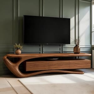 無垢のウォールナット材を使用したテレビ台、曲線的なモダンメディアコンソール、ミッドセンチュリースタイルのエンターテイメントセンター
