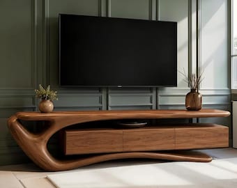 Solid Walnut Wood TV Stand, Curved Modern Media Console, Mid Century Entertainment Center