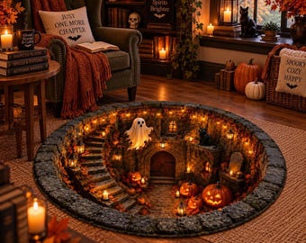 Halloween Illusion Rug, Spooky Haunted House Round Rug, 3D Ghost Pumpkin Area Rug, Gothic Halloween Home Decor, Fall Entryway Rug