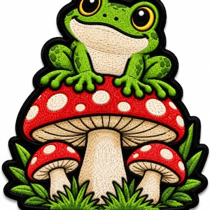 May include: An embroidered patch featuring a bright green frog with large eyes sitting atop a large red mushroom with white spots. Two smaller red mushrooms with white spots and green grass blades are positioned at the base of the design.