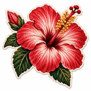 May include: An embroidered patch featuring a vibrant red and white hibiscus flower with a prominent yellow stamen, a closed red bud, and dark green leaves. The design is outlined with a cream-colored border and detailed thread work.