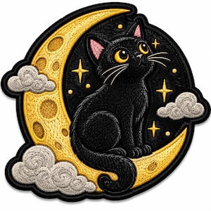 May include: An embroidered patch featuring a black cat with large yellow eyes sitting on a yellow crescent moon. The design includes white clouds, small yellow stars, and a black background, all outlined with a thick black border.