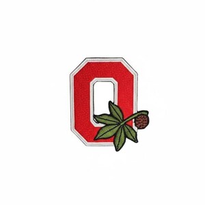 May include: A red and white embroidered patch in the shape of the letter O. The letter features a green buckeye leaf and a small brown buckeye nut attached to the lower right side. The patch has a thick white border and a textured red center.