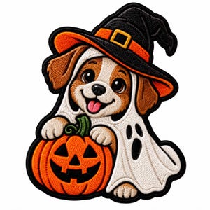 May include: An embroidered patch featuring a brown and white puppy wearing a white ghost costume and a black witch hat with an orange band. The puppy is holding an orange jack-o'-lantern pumpkin with a green stem and black carved facial features.