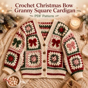 May include: A crochet cardigan featuring a granny square pattern in red, dark green, pink, and cream. The garment has a V-neckline, four brown buttons, and three-dimensional bow appliqués in red, dark green, and pink on the front panels.