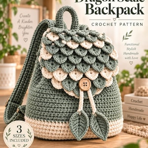 Puede incluir: Una mochila de ganchillo con un patrón de escamas de dragón en hilo verde salvia y crema. La bolsa tiene un asa superior, correas ajustables, un cierre de solapa con un botón de madera y dos borlas en forma de hoja. Texto Dragon Scale Backpack.