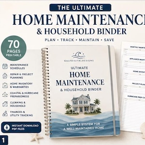 May include: A spiral-bound home maintenance and household binder featuring a cover with a house illustration, ocean wave graphics, and the text "The Ultimate Home Maintenance & Household Binder." Includes 70 printable pages for schedules, repairs, inventory, and finances.