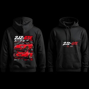 May include: A black hooded sweatshirt featuring a red sports car graphic on the back with the text 2JZ-GTE and Japanese characters. The front of the hoodie displays the text 2JZ-GTE in white and red with a small Toyota logo and Japanese text.