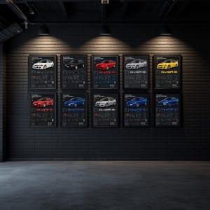 Könnte beinhalten: Zehn gerahmte Poster in zwei Reihen an einer dunklen Ziegelwand, die jeweils ein anderes Mitsubishi Lancer Evolution Modell zeigen. Die Drucke enthalten technische Spezifikationen, Seitenprofile und Vorderansichten der Sportlimousinen.