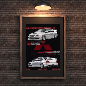 Mitsubishi Lancer Evolution IX Poster, digitaler Kunstdruck – Evo 9 Datenblatt, JDM Garagendekoration – CT9A Bauplan auf Leinwand, Geschenk