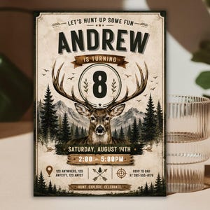 Puede incluir: Una tarjeta de invitación de cumpleaños rectangular con una cabeza de ciervo, un paisaje de montaña y bosque, y el texto: LET'S HUNT UP SOME FUN, ANDREW IS TURNING 8, SATURDAY, AUGUST 14TH, 2:00 - 5:00PM, 123 ANYWHERE, 123 ANYCITY, 123 ANYST, RSVP TO DAD AT 202-555-0176, HUNT. EXPLORE. CELEBRATE.