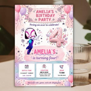 May include: A birthday party invitation card featuring a cartoon character in a white, pink, and blue suit, a large number 4, spider web graphics, and pink and purple balloons. Text includes AMELIA'S BIRTHDAY PARTY, AMELIA'S is turning four, and RSVP details.