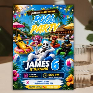 May include: A digital invitation for a pool party featuring cartoon characters in pool floats. Text includes JOIN THE SPLASH ROYALE POOL PARTY, JAMES IS TURNING 6, SATURDAY AUGUST 25TH, 5:00 PM, 123 ANY STREET, YOUR ADDRESS HERE 1234, and RSVP TO MOM AT 123-456-9999.