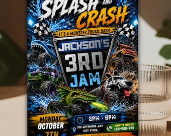Monster Truck Pool Party Birthday Invitation, Editable Canva Template, Splash Birthday Invite, Summer Pool Party Invitation.