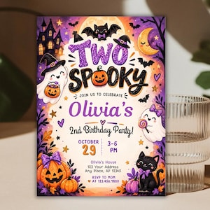 May include: A rectangular Halloween-themed birthday invitation card featuring the text Two Spooky, Olivia's 2nd Birthday Party, October 29, 3-6 PM, and address details. The design includes ghosts, a black cat, pumpkins, bats, and a haunted house.